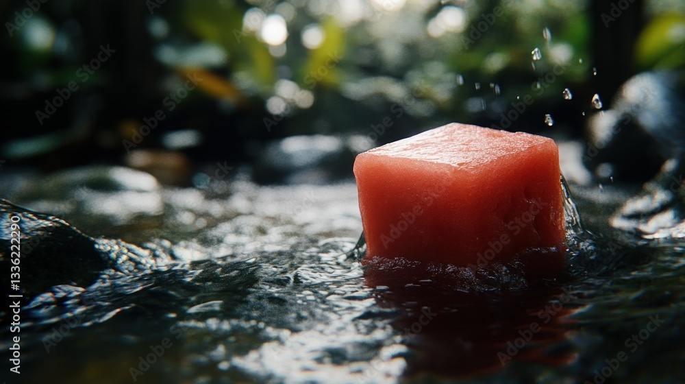 Poster A single cube of red fruit floating in flowing water