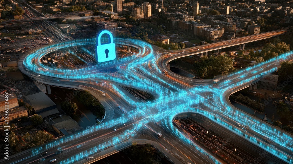 Poster Conceptual representation of a network security system over an urban area