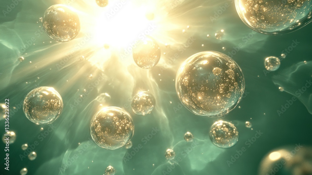 Poster spherical bubbles floating amongst glowing light and cloudy backgrounds