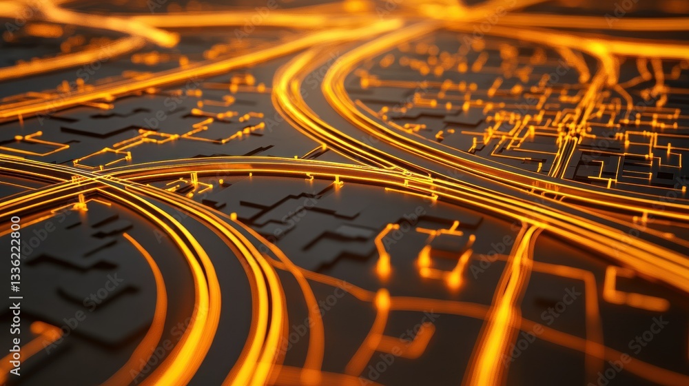 Poster abstract glowing circuit pathways on a dark electronic looking surface