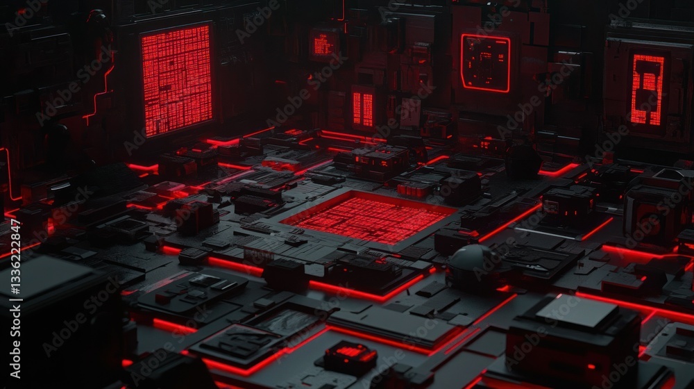 Poster A futuristic interior showcases a complex computer processing system