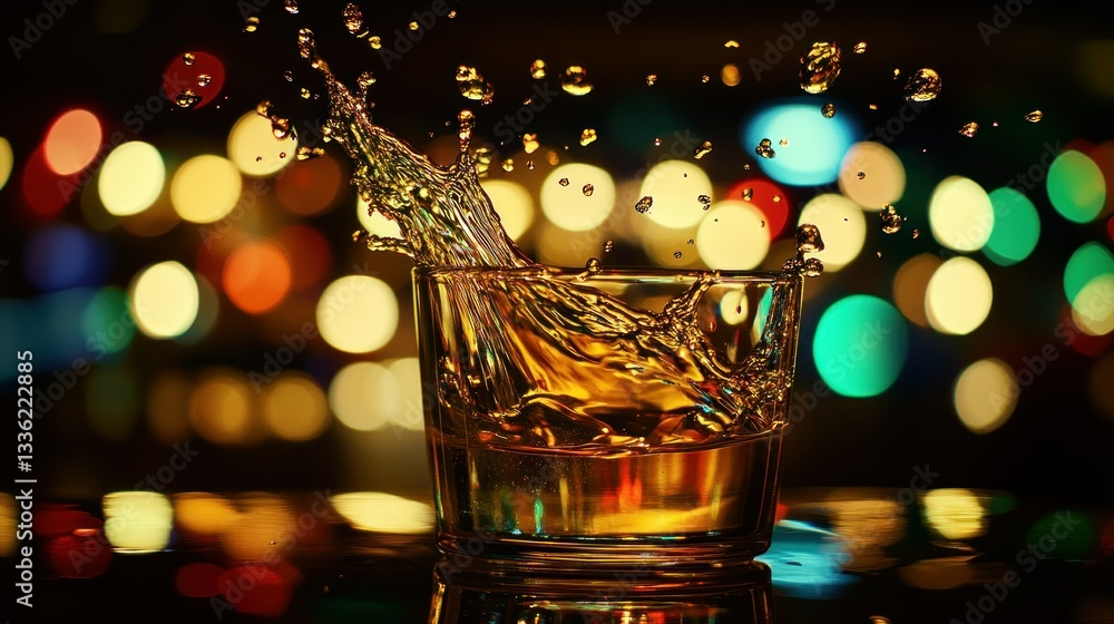 Poster a glass of liquid experiencing a splash with bokeh lights background