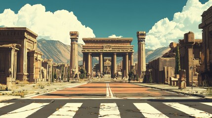 Obraz premium A zebra crossing leading to an ancient temple, blending modern infrastructure with historical architecture