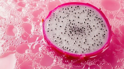 A halved pink dragon fruit rests on a wet pink surface