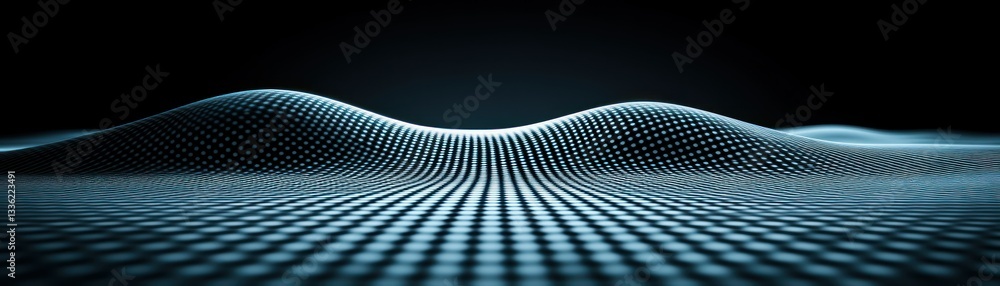 Poster A digitally rendered three dimensional wavy grid structure dominates the scene