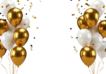 A festive arrangement of gold and white helium balloons with scattered gold confetti pieces isolated on transparent background