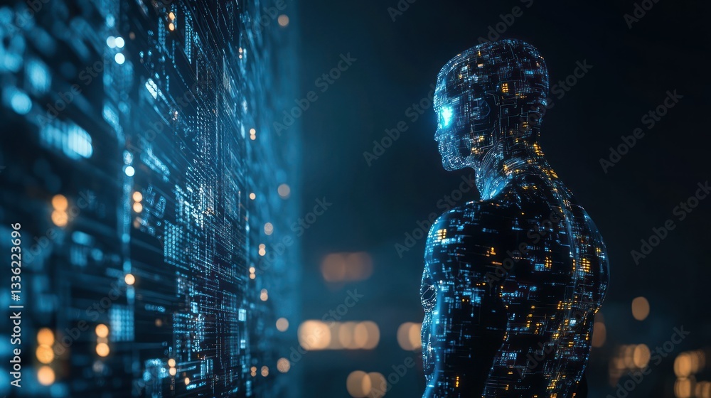Poster A Futuristic Humanoid Observing Complex Digital Data Display