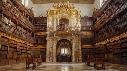 Obraz premium A centuries-old library with wooden bookshelves, historical manuscripts, and warm lighting.