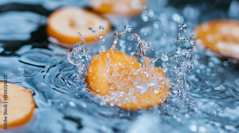 Poster Sliced fruit submerged in water with visible water splashing