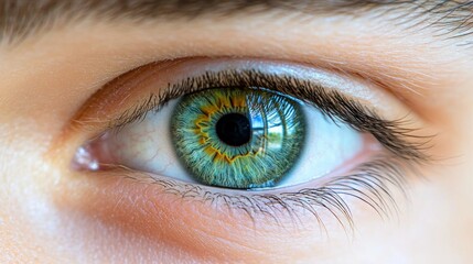 Fototapeta premium Close-up of a vibrant green eye with visible detail in iris and pupil