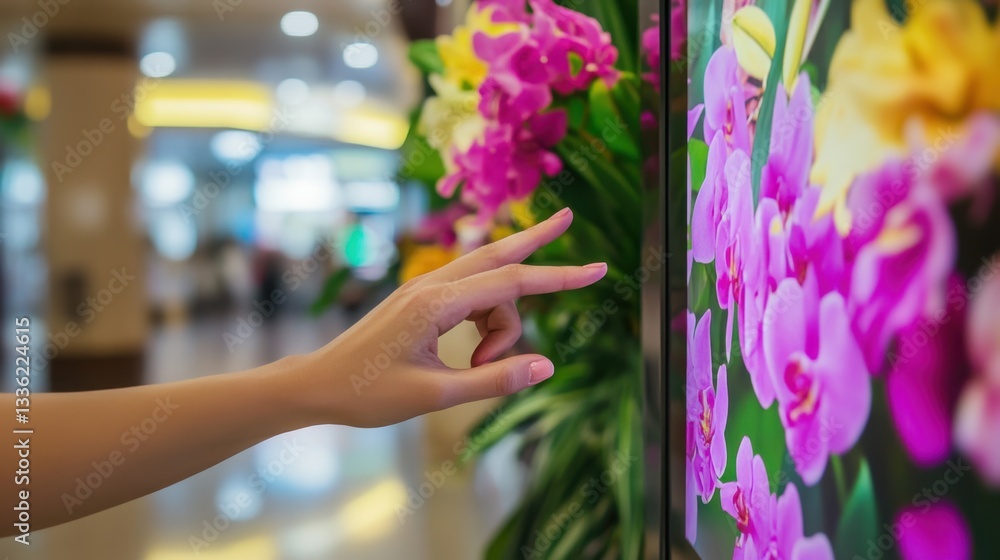Poster a close-up of a hand using tourism management software on a touchscreen device in a hotel reception 