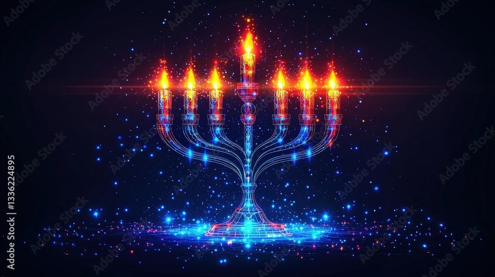 Poster illuminated digital menorah with colorful sparkles and vibrant lighting effects in dark background