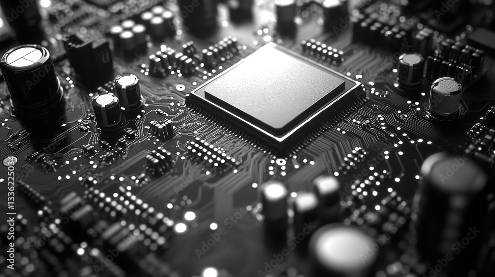 Poster close-up circuit board with processor, electronics, technology