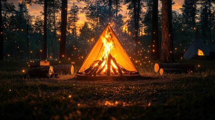 Tranquil Campsite Night with Glowing Fire Amidst Trees and Evening Sky in Nature Setting
