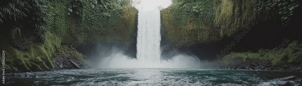 Poster A powerful waterfall cascading into a pool surrounded by greenery