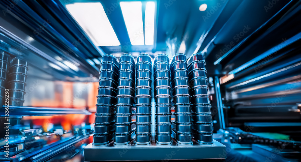 Aufkleber rows of metallic cylinders neatly arranged in a blue-lit industrial setting, showing precision and o