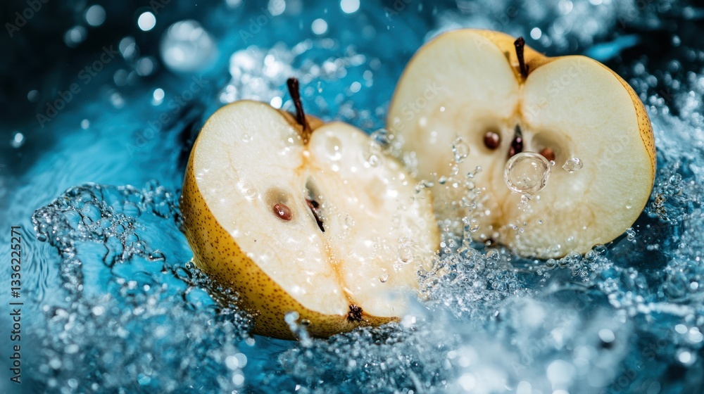 Poster sliced pears partially submerged surrounded by water and bubbles