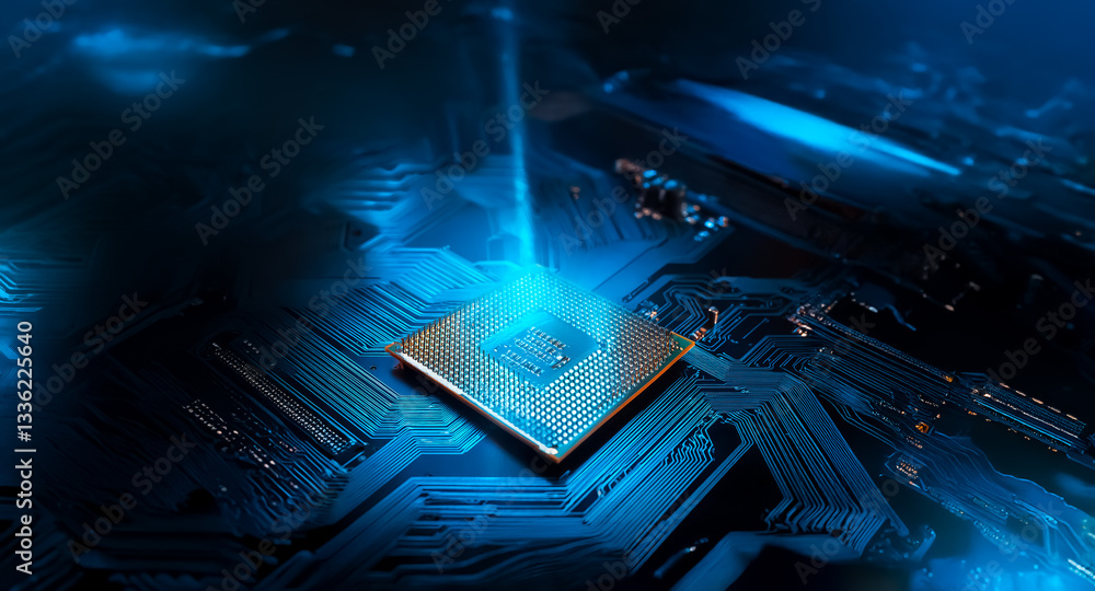 Poster A glowing computer chip is centered on a blue circuit board, illuminated by a bright beam of light, symbolizing advanced technology and data processing.
