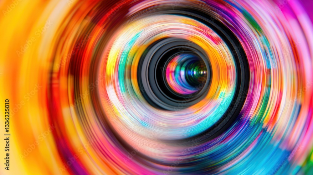 Poster concentric colorful circles swirl around a camera lens