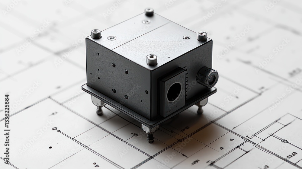 Poster prototype device on blueprint; engineering design