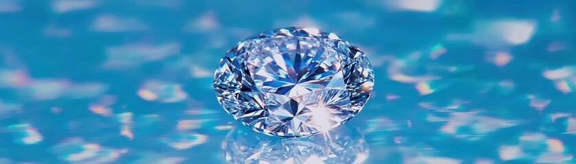 A single clear faceted gem stone reflecting on its surface perfectly