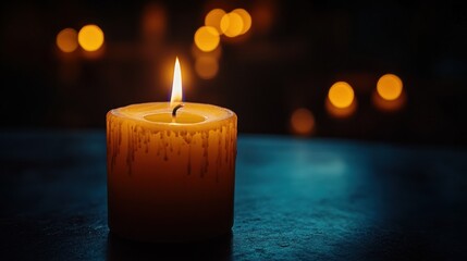 Lit candle, dark table, bokeh background, remembrance