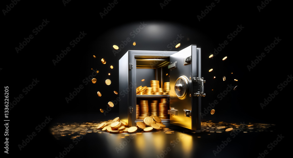 Poster open safe filled with gold coins and more coins scattered around it, illuminated by a spotlight agai