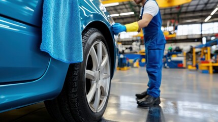 A man is cleaning a blue vehicle in a garage setting