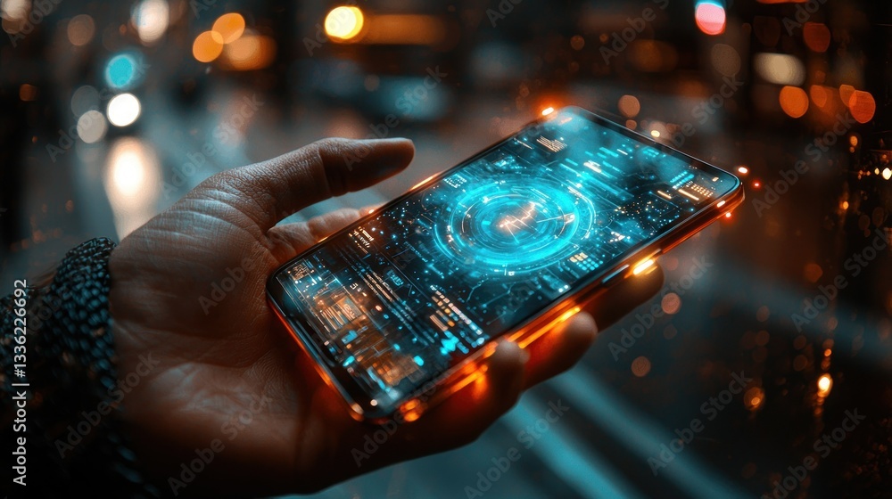 Poster a human hand holds a glowing smartphone with data displayed brightly