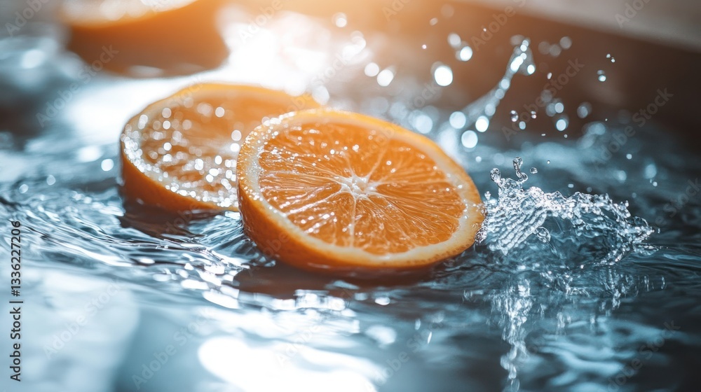 Poster sliced citrus fruits floating in water with splashes appearing