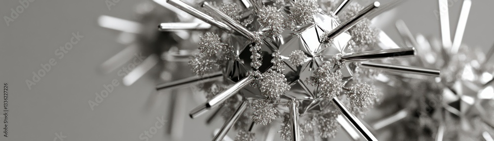 Poster Metallic geometric objects with spikes and textured surfaces are shown