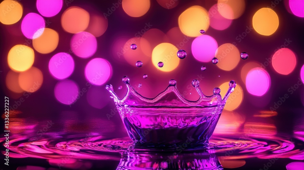 Poster a water splash in a crown shape with blurred lights behind it