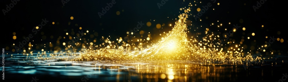 Poster sparkling golden particles burst above a reflecting dark surface