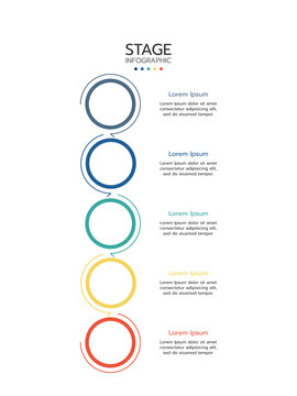 5 Elements placed in vertical row. Concept of 5 successive steps of project development process. Flat infographic design template. Simple vector illustration for business analytics.