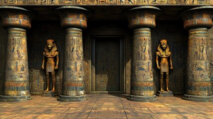 A detailed Egyptian temple entrance with hieroglyphics and towering stone pillars.