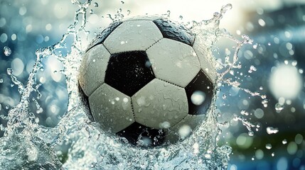 Soccer ball mid-kick with splashing water droplets, capturing dynamic energy and motion.
