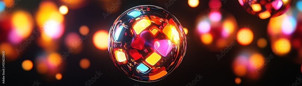 Poster a glowing transparent sphere reflects lights of multiple warm colors