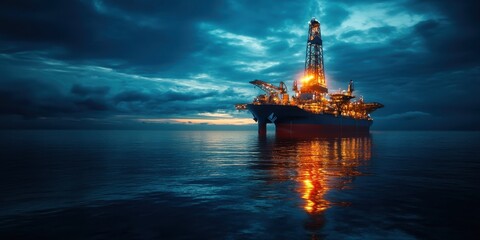 Fototapeta premium High-tech drillship anchored in calm waters, showcasing advanced marine technology and serene oceanic beauty.