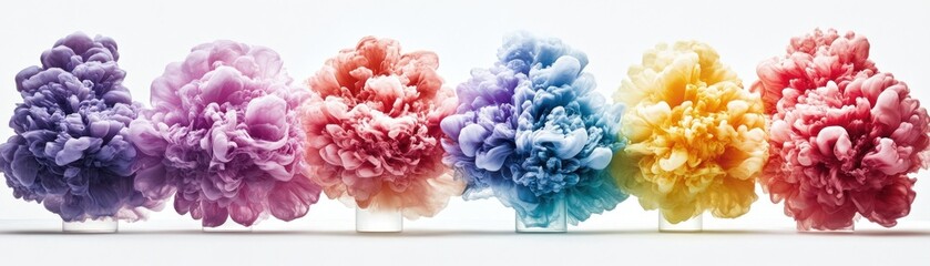 Vibrant explosions of colorful smoke are displayed on white