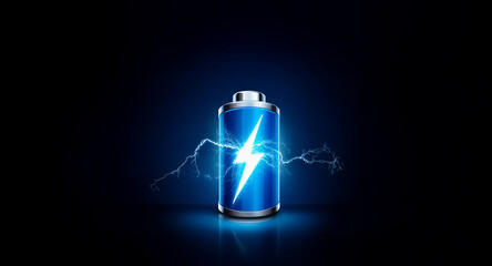A blue battery icon with a white lightning bolt symbol is charged and energized, emitting bright light and electric sparks against a dark backdrop.