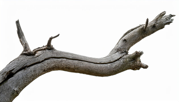 Dead branch of barren old tree with twisted isolated on white background.