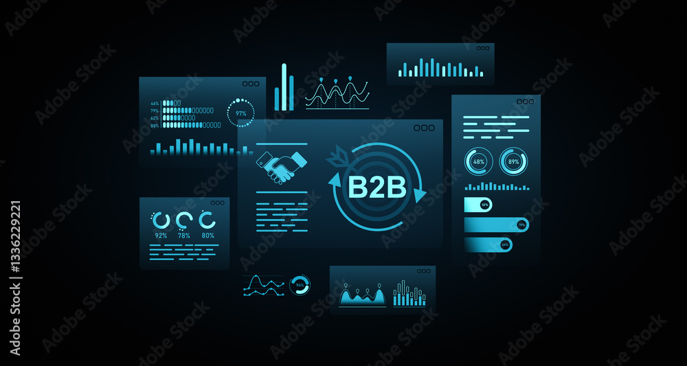 Poster b2b business dashboard with futuristic blue neon ui elements and digital analytics charts. 3d render