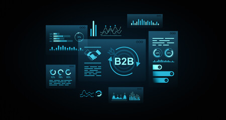 Fototapeta premium B2B business dashboard with futuristic blue neon UI elements and digital analytics charts. 3D Rendering