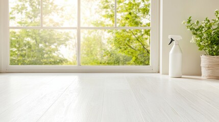 Fototapeta premium A spotless window with a forest sunset, cleaning spray bottle in sharp focus, copy space on the right