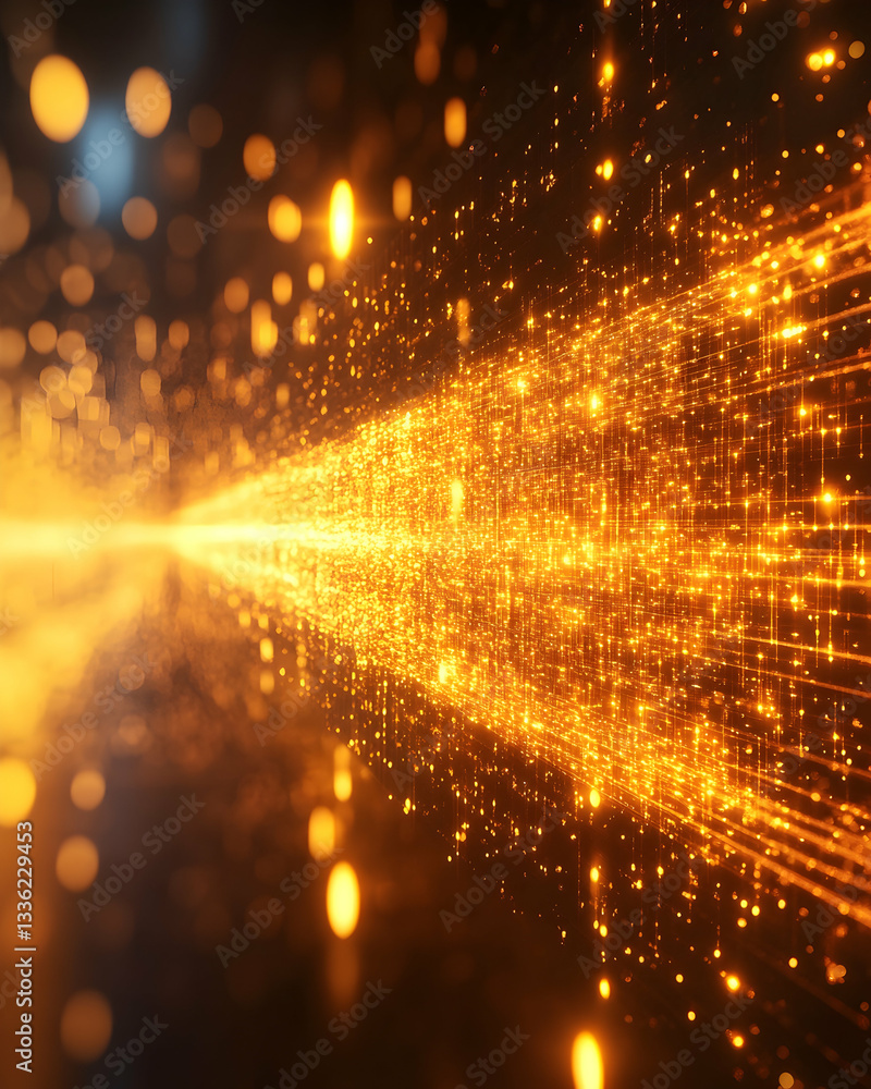 Poster glowing golden particles stream, reflected on dark surface, creating a mesmerizing tunnel effect