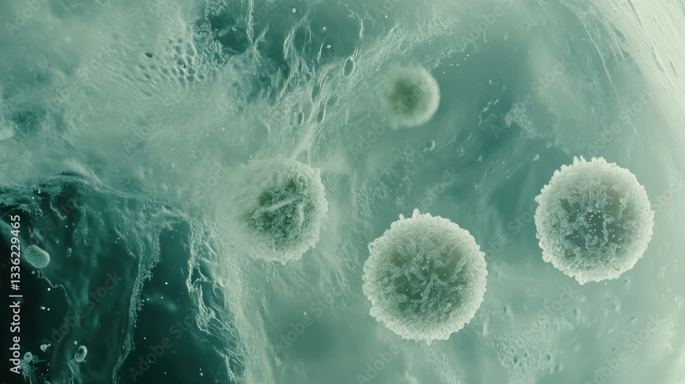 Poster Microscopic view of multiple white cells in fluid environment