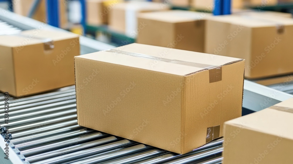 Poster cardboard boxes moving along an automated industrial conveyor system
