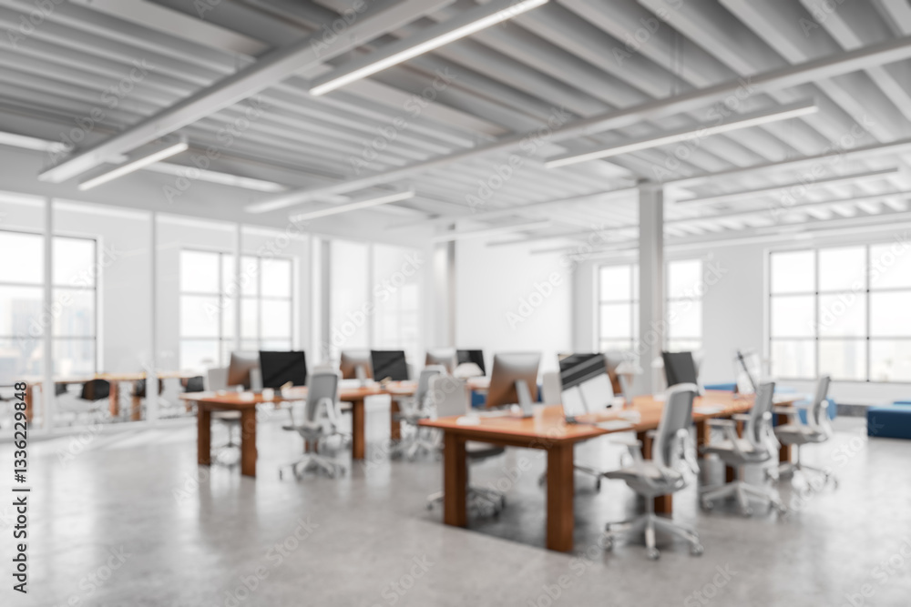 Aufkleber modern office interior with computers and desks. 3d rendering