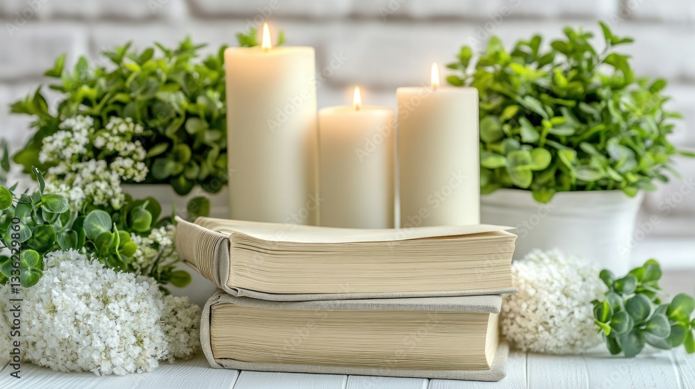 Poster lit candles and books arranged with greenery on a tabletop