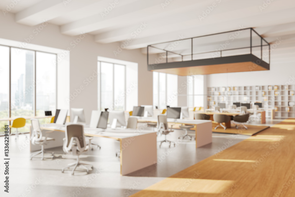 Poster modern office interior with open workspace and large windows. 3d rendering
